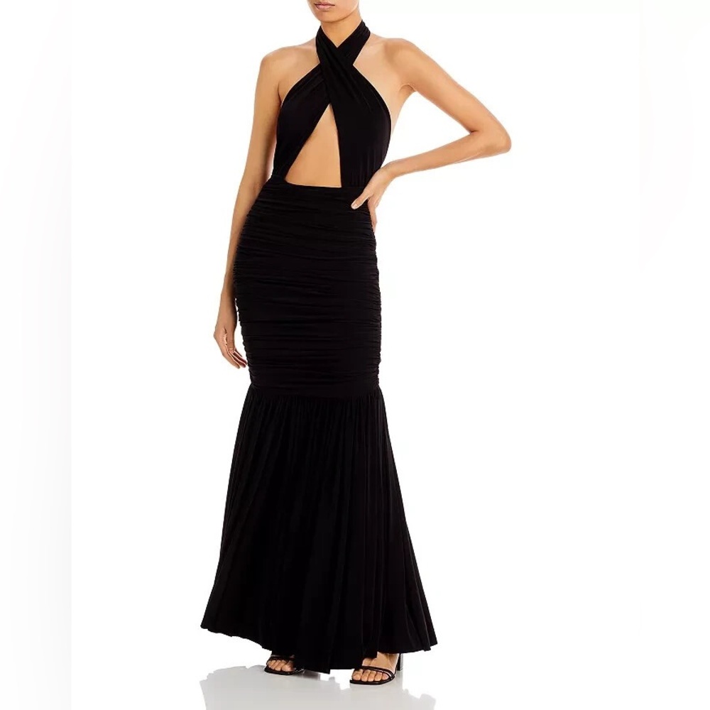 norma kamali black fishtail dress open front